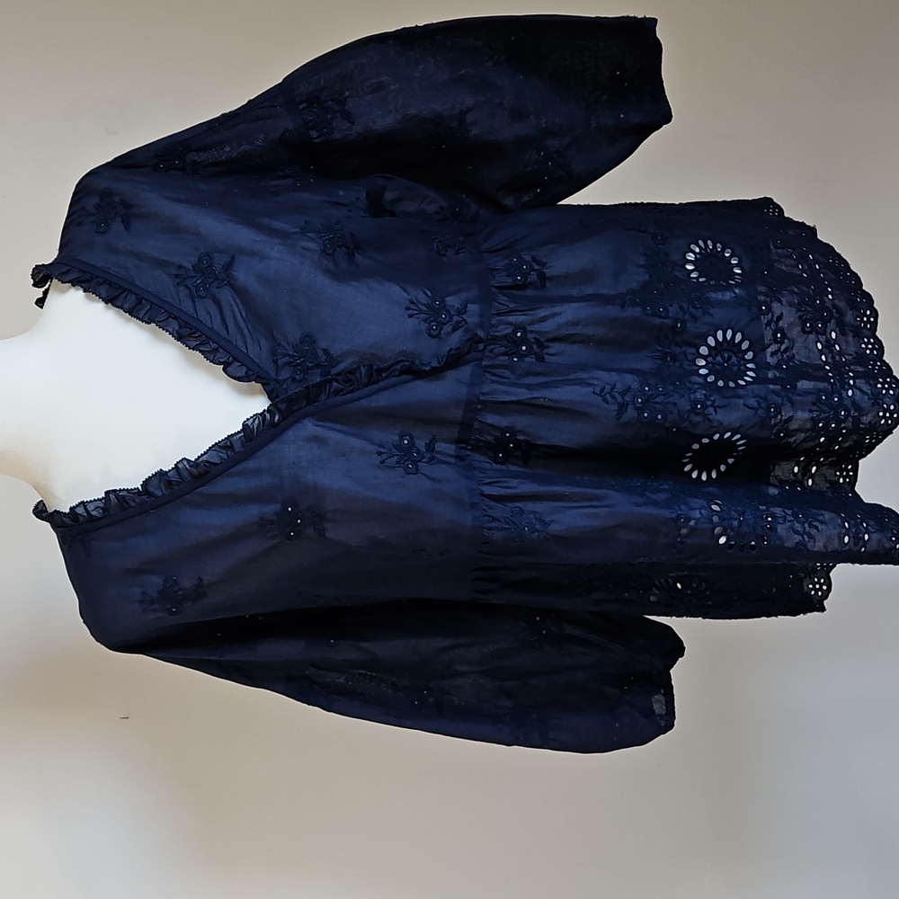 J Jill Ruffle Neck Top Eyelet Embroidery Semi Sheer Navy Oversized XS Boho